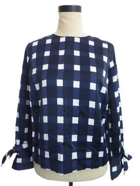 Banana Republic Blue Checkered Plaid Blouse XS Petite Bow Sleeves Top